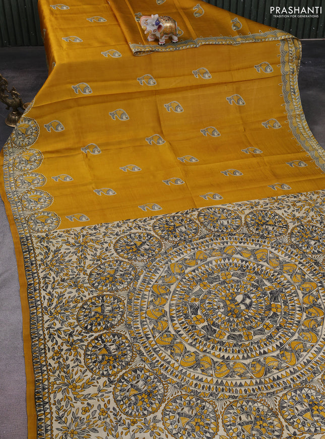 Madhubani printed silk saree mustard yellow with butta prints and madhubani printed border