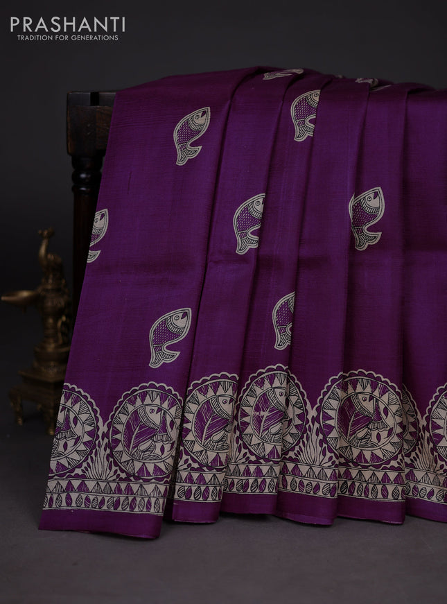 Madhubani printed silk saree purple and cream with butta prints and madhubani printed border