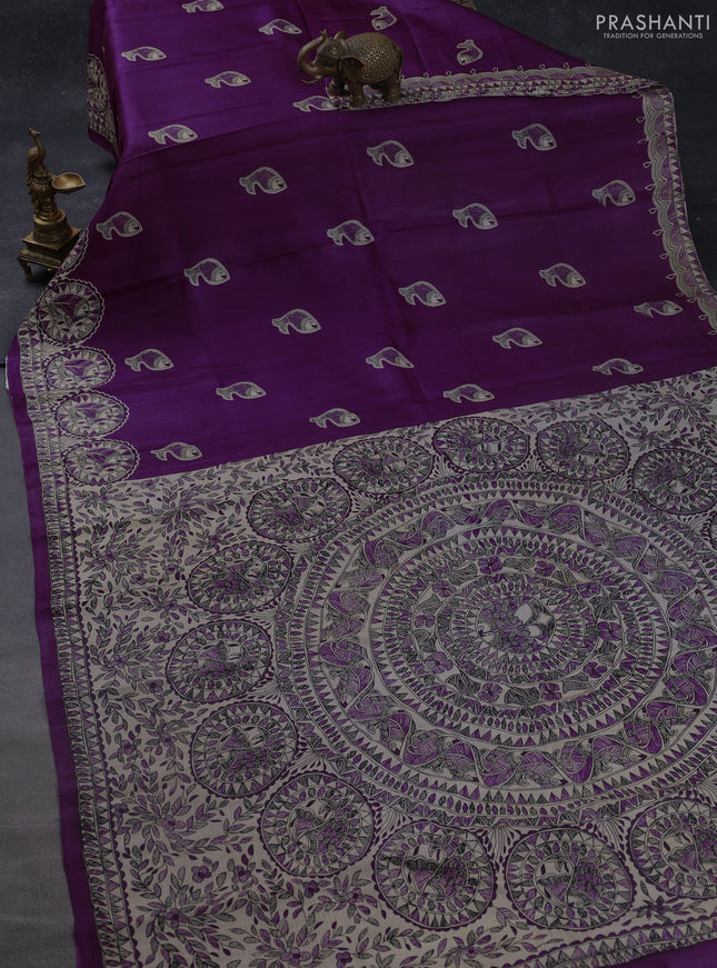Madhubani printed silk saree purple and cream with butta prints and madhubani printed border