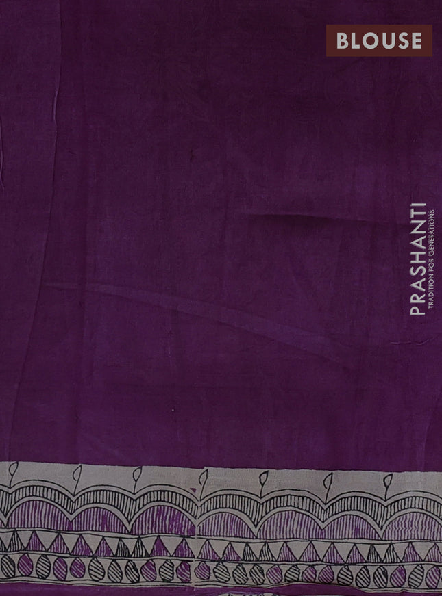 Madhubani printed silk saree purple and cream with butta prints and madhubani printed border