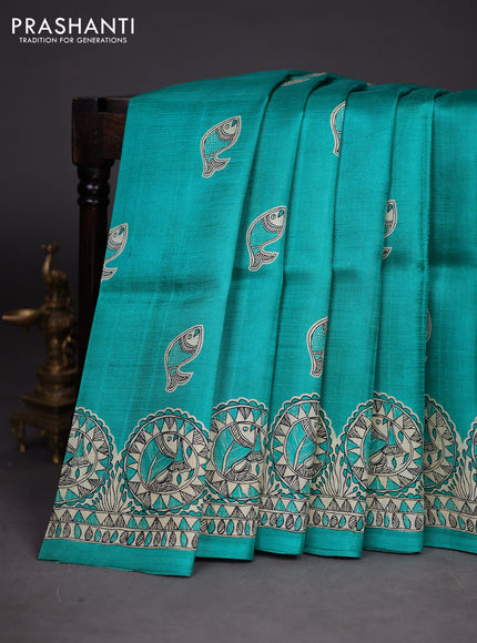 Madhubani printed silk saree teal green and cream with butta prints and madhubani printed border