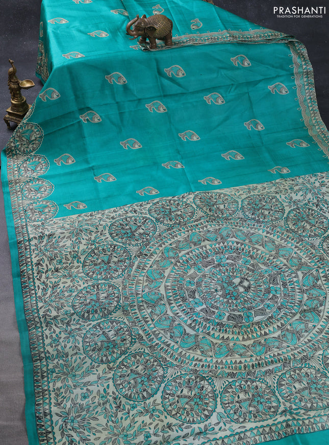 Madhubani printed silk saree teal green and cream with butta prints and madhubani printed border
