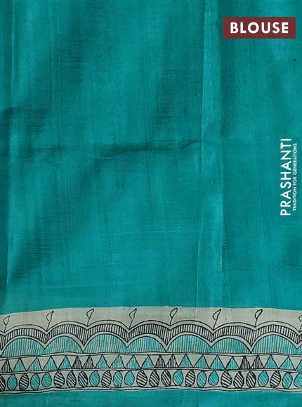 Madhubani printed silk saree teal green and cream with butta prints and madhubani printed border