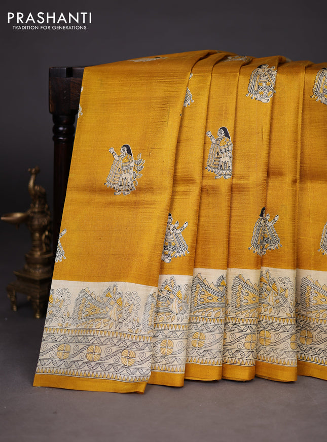 Madhubani printed silk saree mustard yellow and beige with butta prints and madhubani printed border