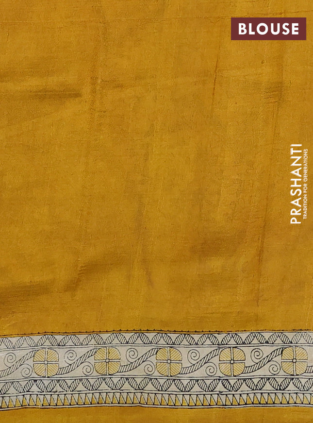 Madhubani printed silk saree mustard yellow and beige with butta prints and madhubani printed border