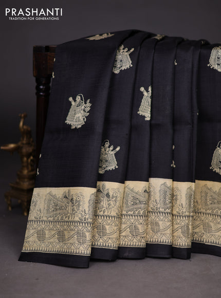 Madhubani printed silk saree black and cream with butta prints and madhubani printed border