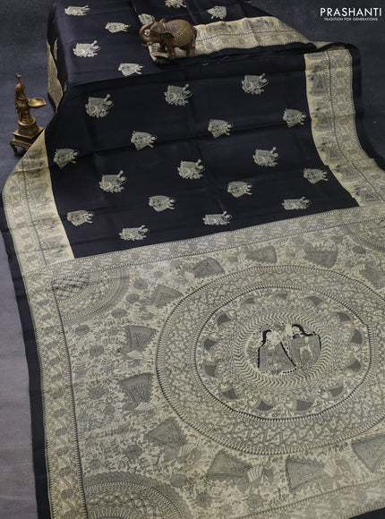 Madhubani printed silk saree black and cream with butta prints and madhubani printed border