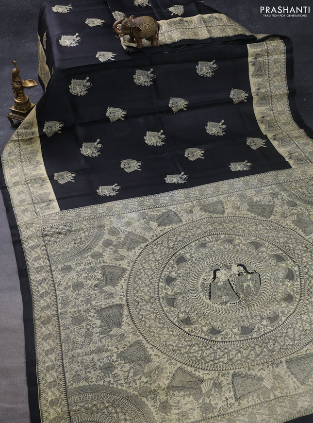 Madhubani printed silk saree black and cream with butta prints and madhubani printed border