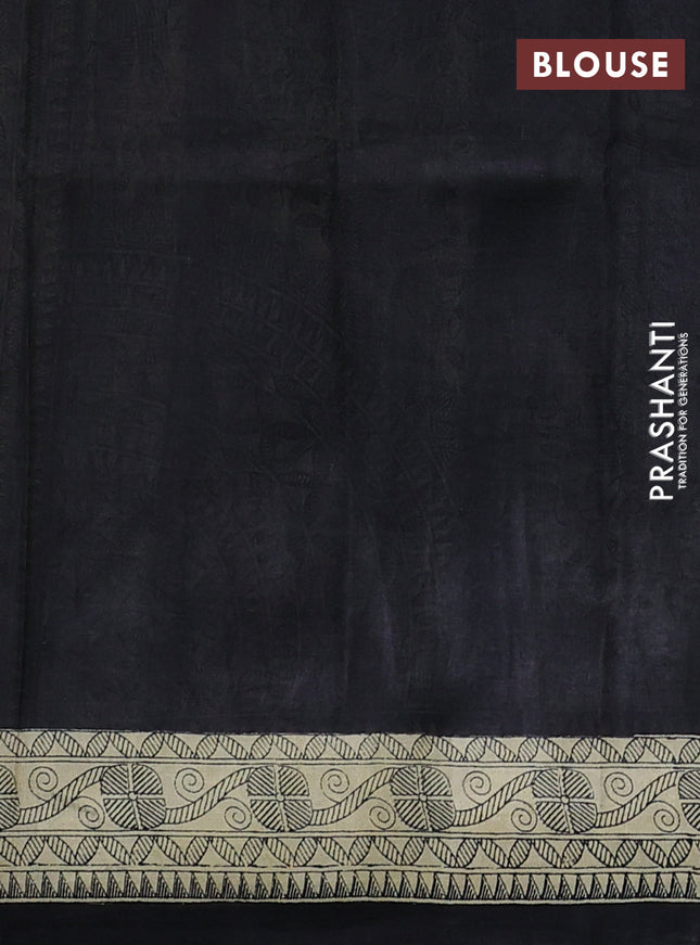 Madhubani printed silk saree black and cream with butta prints and madhubani printed border