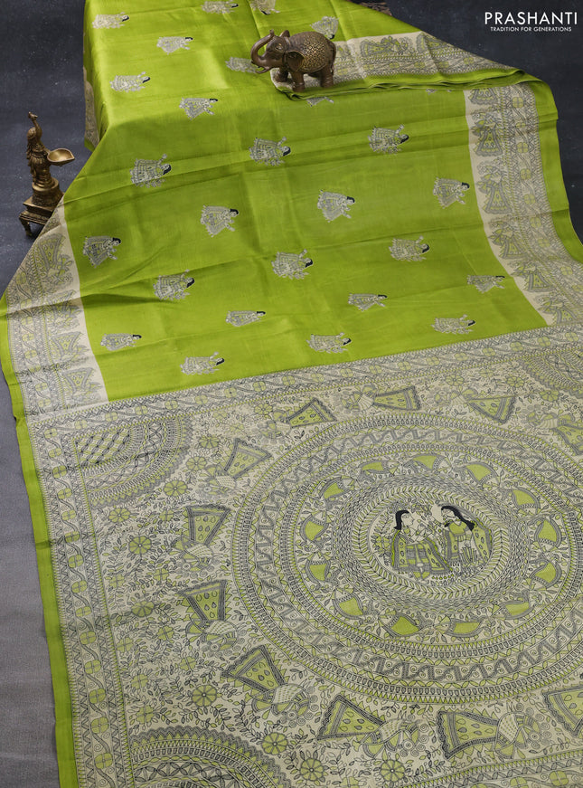 Madhubani printed silk saree light green and cream with butta prints and madhubani printed border