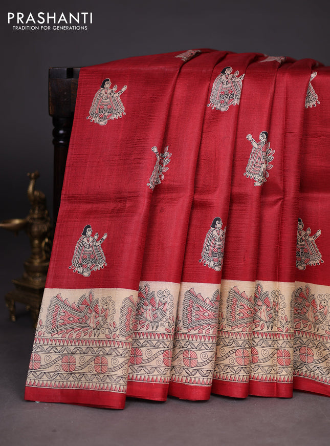 Madhubani printed silk saree maroon and beige with butta prints and madhubani printed border