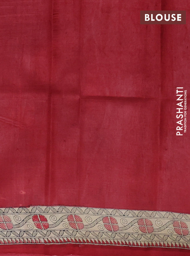 Madhubani printed silk saree maroon and beige with butta prints and madhubani printed border