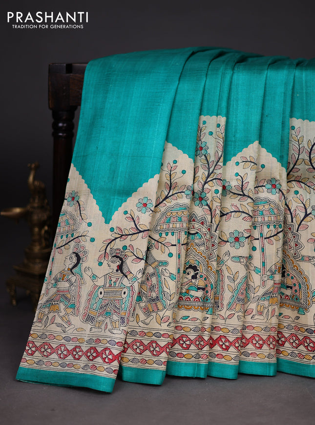 Madhubani printed silk saree teal green with plain body and long madhubani printed border