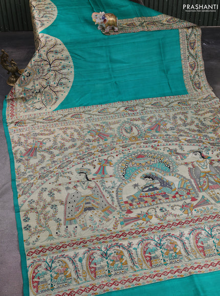 Madhubani printed silk saree teal green with plain body and long madhubani printed border