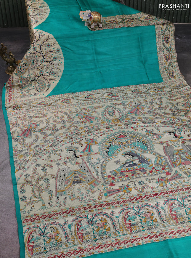 Madhubani printed silk saree teal green with plain body and long madhubani printed border