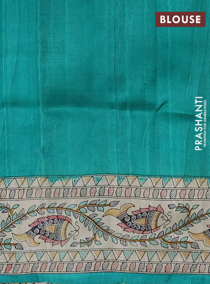Madhubani printed silk saree teal green with plain body and long madhubani printed border
