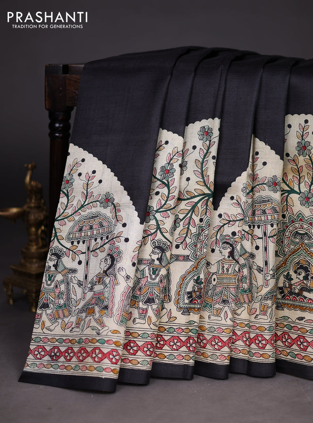 Madhubani printed silk saree black and beige with plain body and long madhubani printed border