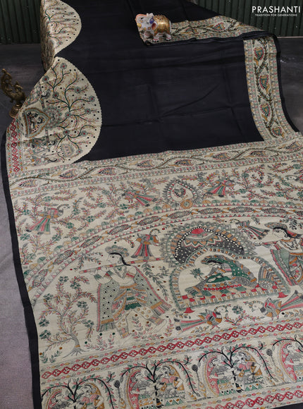 Madhubani printed silk saree black and beige with plain body and long madhubani printed border