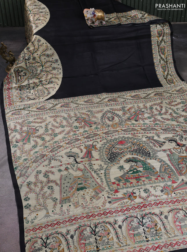 Madhubani printed silk saree black and beige with plain body and long madhubani printed border
