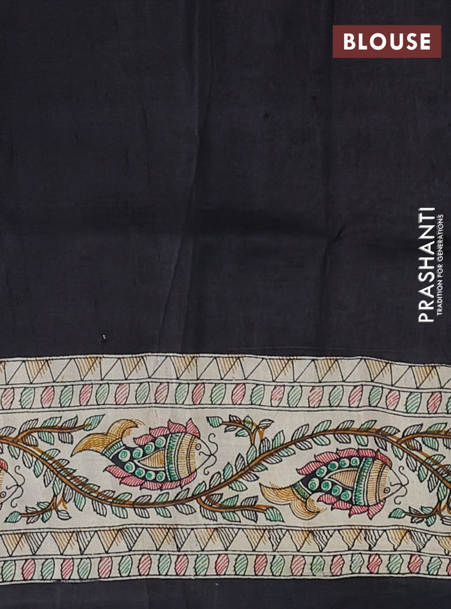 Madhubani printed silk saree black and beige with plain body and long madhubani printed border