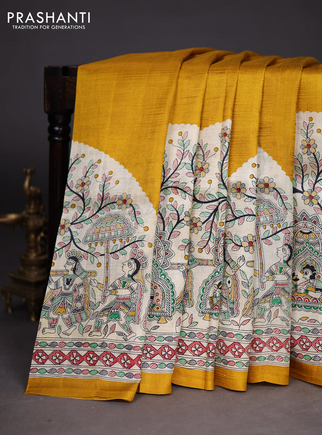 Madhubani printed silk saree mustard yellow and beige with plain body and long madhubani printed border