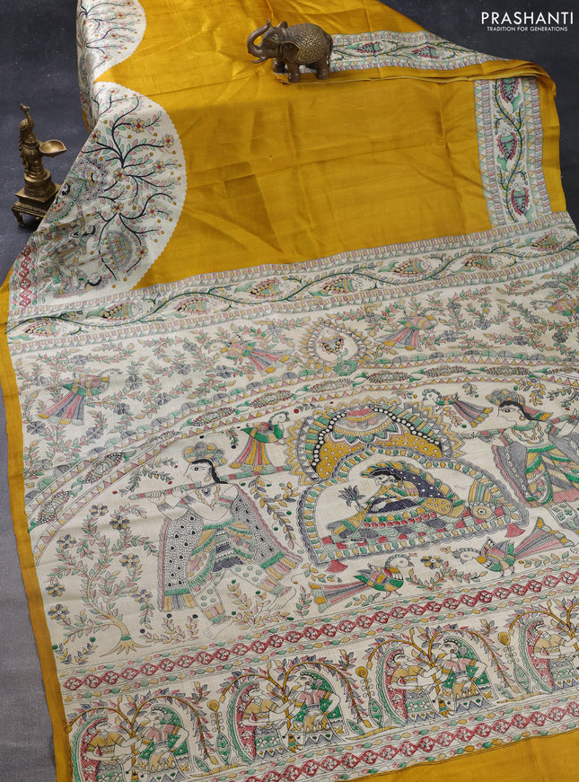 Madhubani printed silk saree mustard yellow and beige with plain body and long madhubani printed border