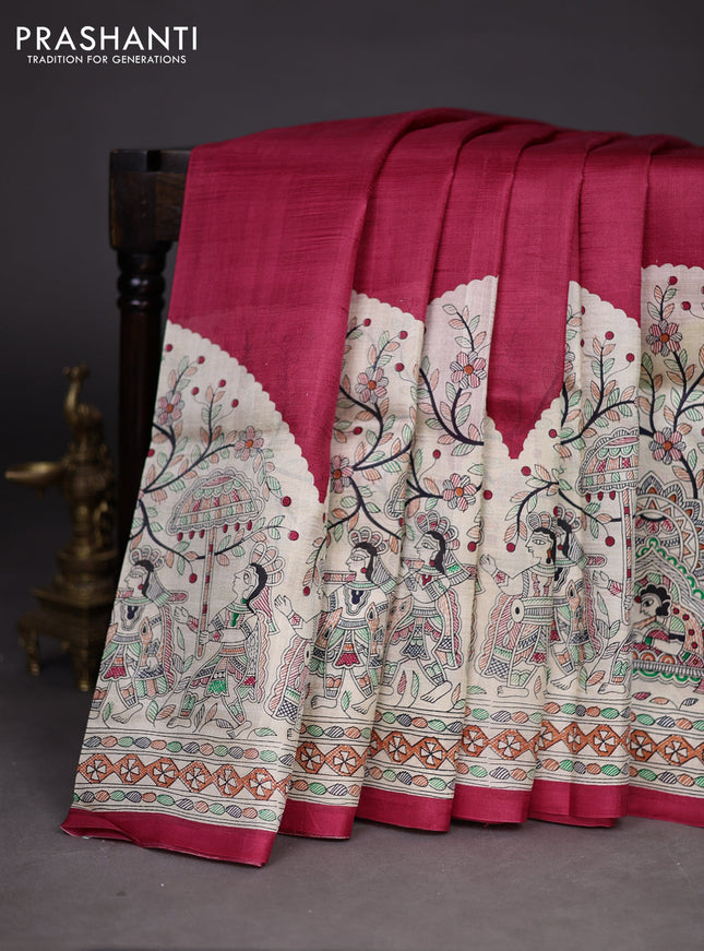Madhubani printed silk saree tomato red and beige with plain body and long madhubani printed border