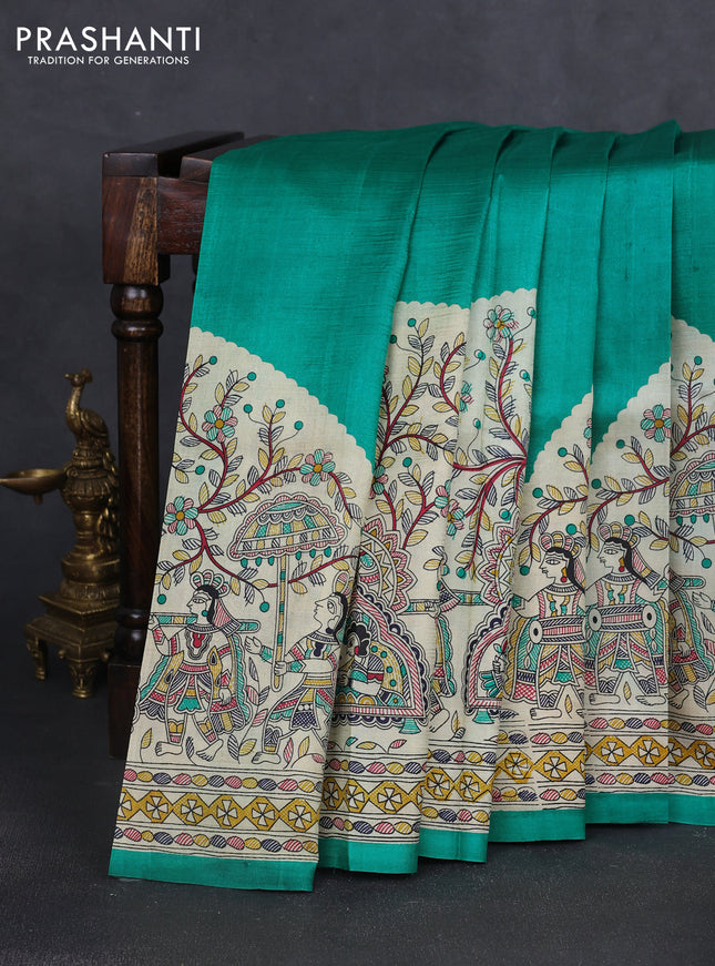 Madhubani printed silk saree teal green with plain body and long madhubani printed border