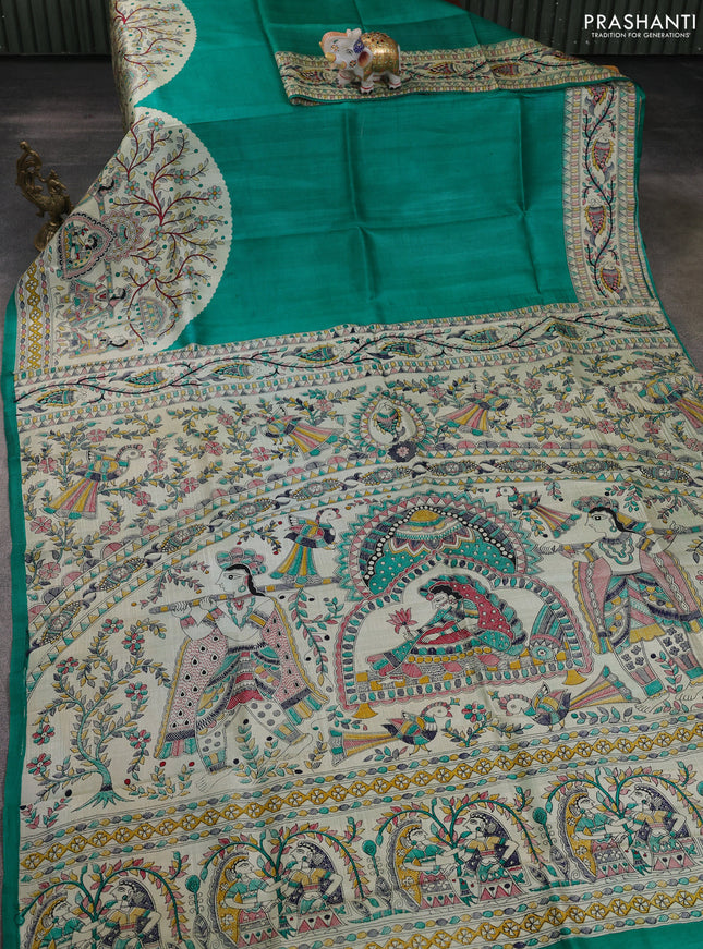 Madhubani printed silk saree teal green with plain body and long madhubani printed border