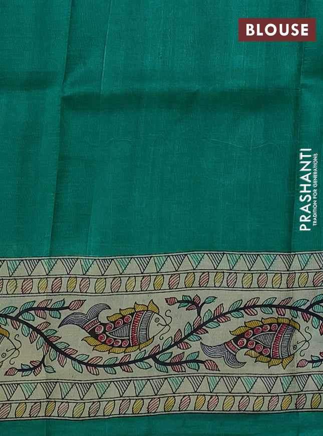 Madhubani printed silk saree teal green with plain body and long madhubani printed border