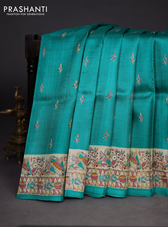 Madhubani printed silk saree teal green and cream with butta prints and madhubani printed border