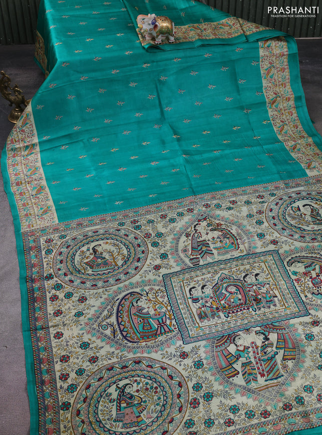 Madhubani printed silk saree teal green and cream with butta prints and madhubani printed border
