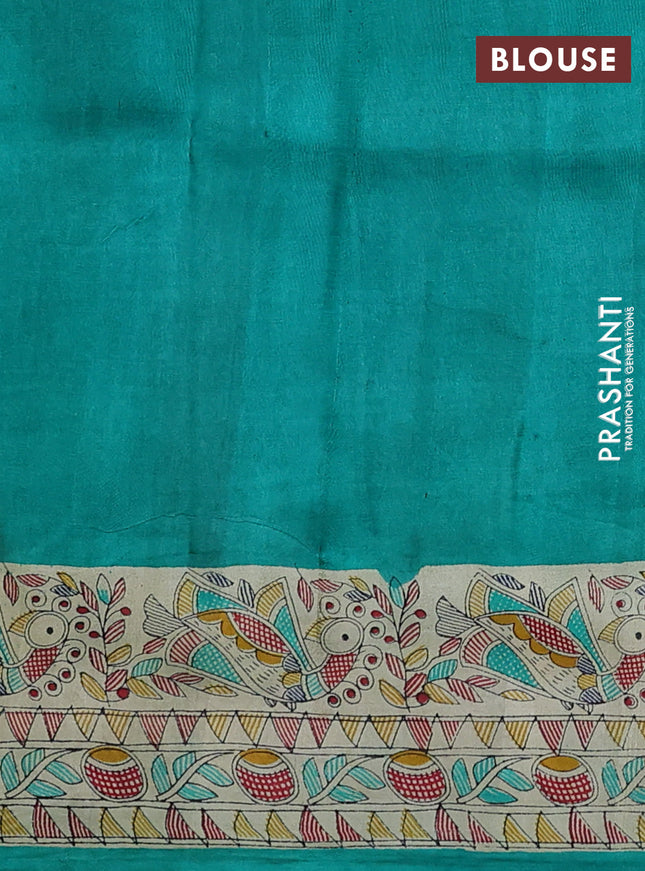 Madhubani printed silk saree teal green and cream with butta prints and madhubani printed border
