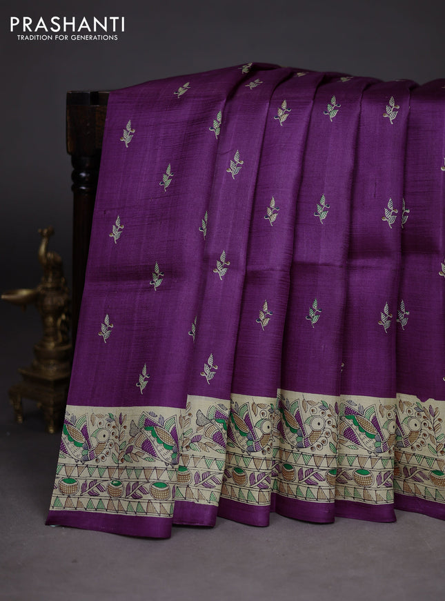Madhubani printed silk saree purple and cream with butta prints and madhubani printed border