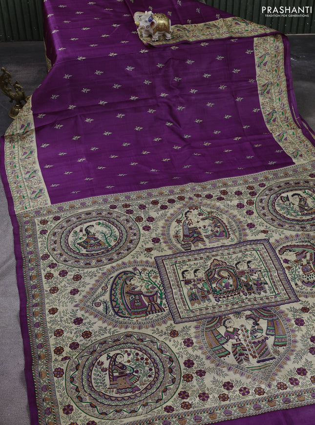 Madhubani printed silk saree purple and cream with butta prints and madhubani printed border