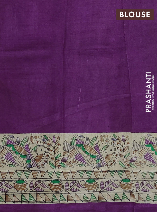 Madhubani printed silk saree purple and cream with butta prints and madhubani printed border