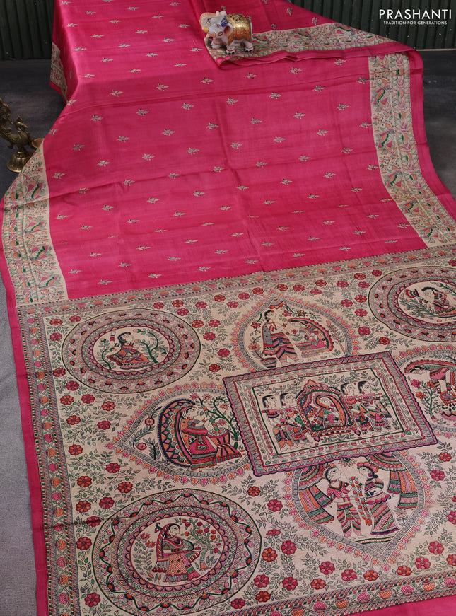 Madhubani printed silk saree pink and cream with butta prints and madhubani printed border