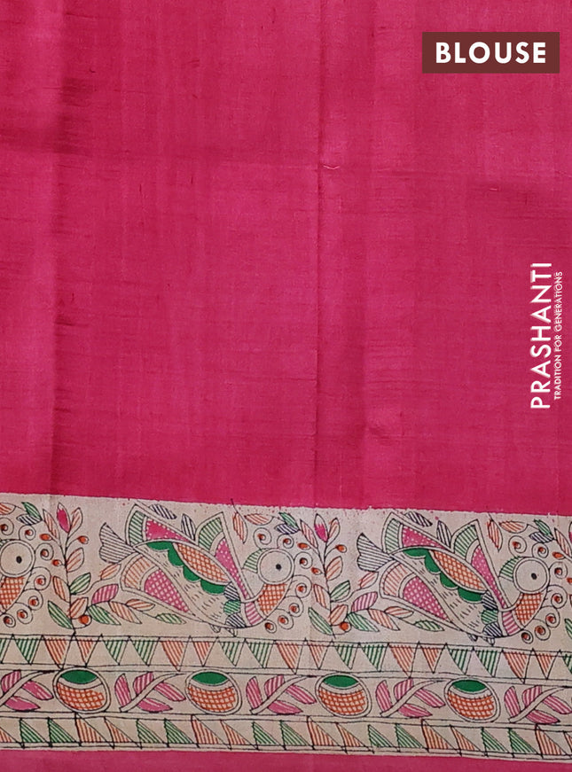 Madhubani printed silk saree pink and cream with butta prints and madhubani printed border