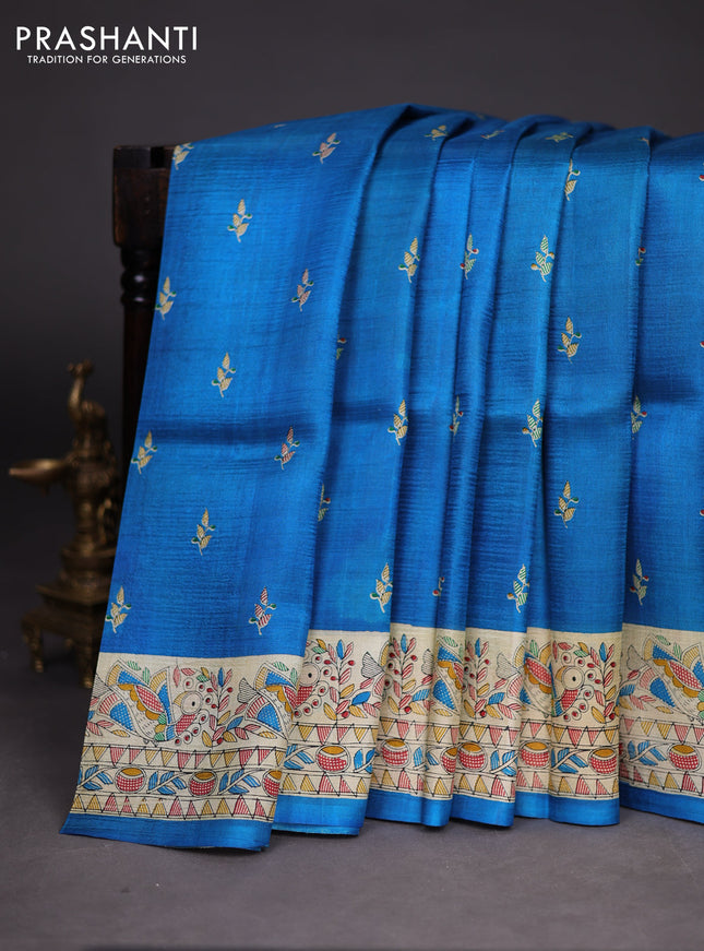 Madhubani printed silk saree cs blue and cream with butta prints and madhubani printed border