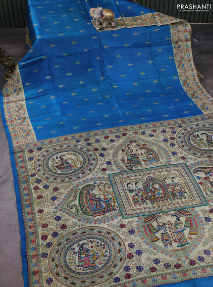 Madhubani printed silk saree cs blue and cream with butta prints and madhubani printed border