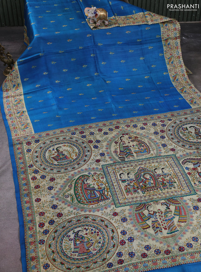 Madhubani printed silk saree cs blue and cream with butta prints and madhubani printed border