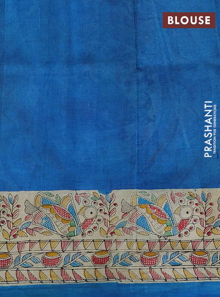 Madhubani printed silk saree cs blue and cream with butta prints and madhubani printed border