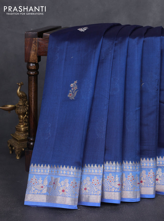 Chiniya silk saree navy blue and blue with floral zari woven buttas and zari woven border