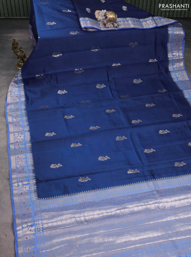 Chiniya silk saree navy blue and blue with floral zari woven buttas and zari woven border