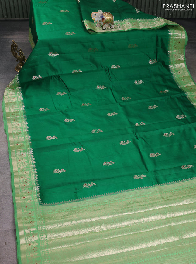 Chiniya silk saree green and light green with floral zari woven buttas and zari woven border