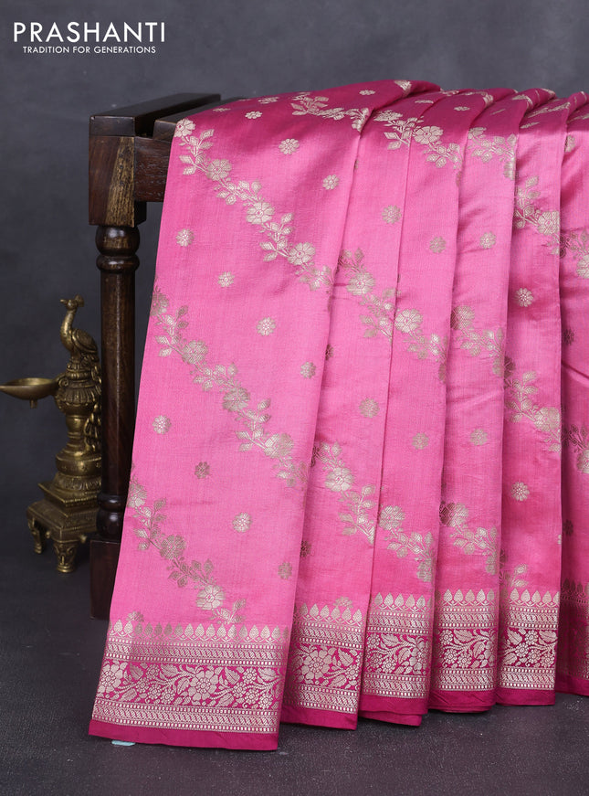 Chiniya silk saree pink and dark pink with allover zari weaves and zari woven border