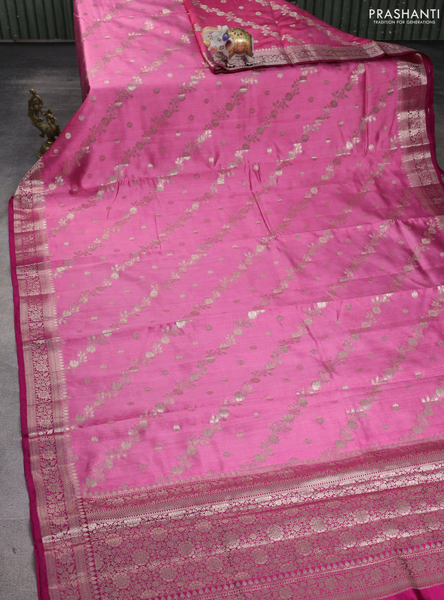 Chiniya silk saree pink and dark pink with allover zari weaves and zari woven border