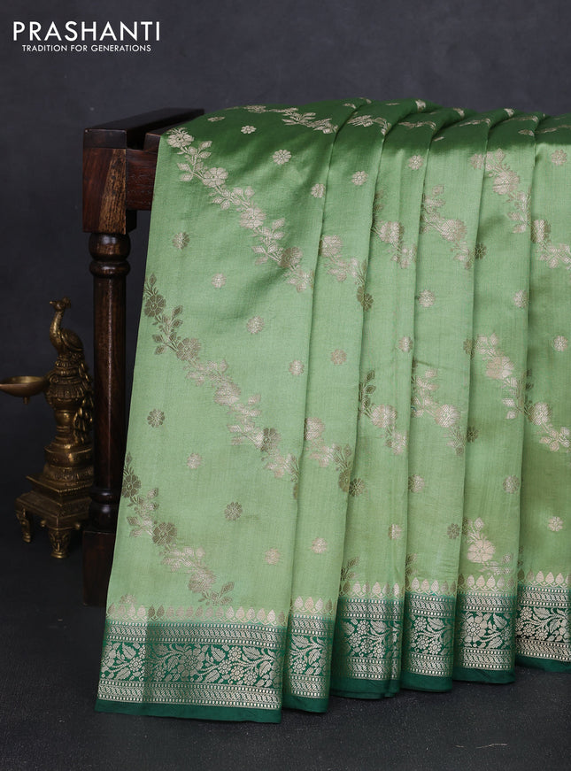 Chiniya silk saree pastel green and dark green with allover zari weaves and zari woven border