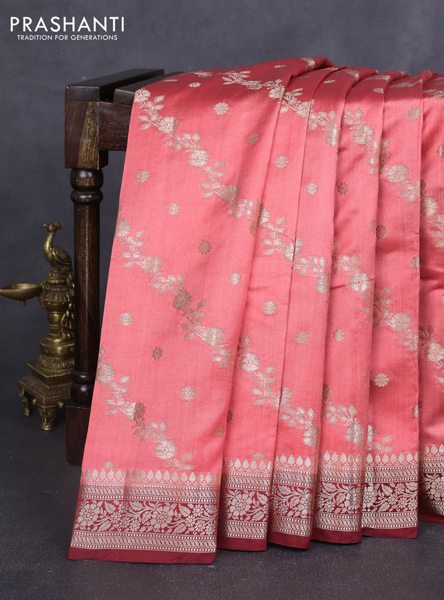 Chiniya silk saree peach and maroon with allover zari weaves and zari woven border