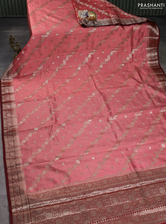 Chiniya silk saree peach and maroon with allover zari weaves and zari woven border